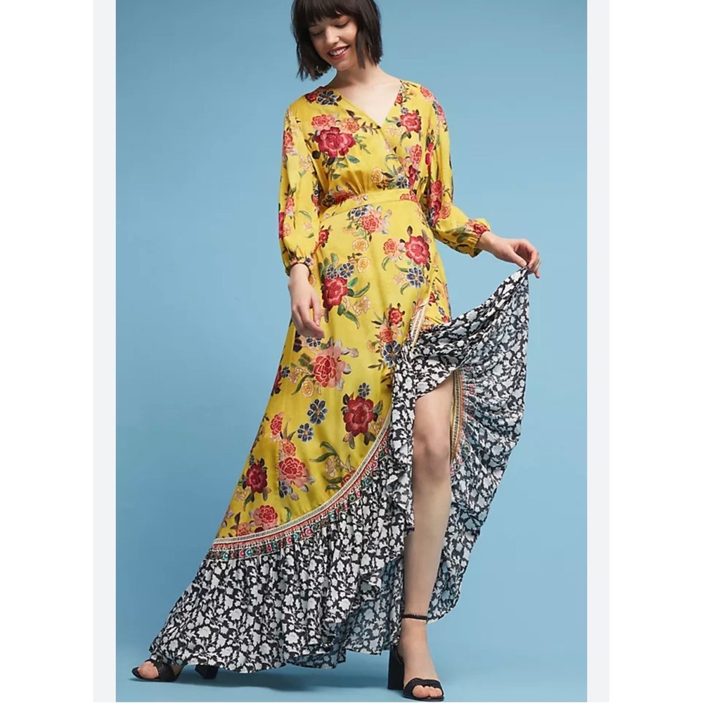 Farm Rio for Anthropologie Floral Mixed Print Wrap Maxi Dress‎ V-Neck Size XS
